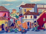 SILVINO - Tapeçaria emoldurada com cena de feira urbana. Assinado e datado 79 no forro. Med.: 123x92cm e com moldura em madeira 132x100cm