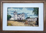 J. CAXIADO - Xilogravura sobre cartão de imagem de Igreja `Sem Título`. Assinado no C.I.D. Med.: 33x48cm e com moldura em madeira e proteção de vidro 39,5x54cm. Apresenta manchas do tempo.
