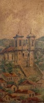 GISLAINE RONDASO - Técnica mista sobre cartão`Sem Título` com imagem de igreja. Assinado e datado no C.I.D. Med.: 50x26cm e com moldura em madeira 75x51cm.
