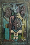 CLAUDIO - Antigo quadro de madeira entalhada com figura de homens e mulher. Assinado e datado 79 no verso. Med.: 35x24,5cm.
