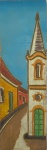 Quadro de madeira entalhada com imagem de igreja. Med.: 21x7cm.