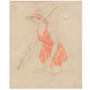 ISMAEL NERY (1900 - 1934)  Pescadora, desenho e aquarela  19 x 16 cm MI e 35 x 33 cm ME. Assinado