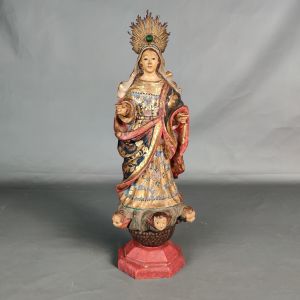 PVS008 Nossa Senhora do Rosário em madeira policromada século XIX com resplendor em prata. Mede 38cm