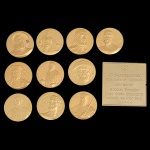 <b>Conjunto de 10 medalhas e 1 placa em ouro 24k</b>. Os Bandeirantes - Uma Raça de Gigantes.  Gravura de Honório Peçanha. Ouro Preto Collection. Peso total 340 gramas.