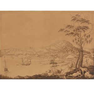 <b>KARL ROBERT EDLER VON DER PLANITZ</b>, dito Barão de Planitz<br>(1804-1843)<br>Vue de la Partie Occidentale de la Ville de Rio de Janeiro Prise de la Chapelle de N. D. da Saúde<br>Sépia s/ papel colado em cartão<br>Circa 1835-1840<br>49,1 x 59 cm