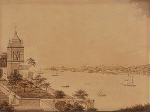 <b>KARL ROBERT EDLER VON DER PLANITZ, dito Barão de Planitz</b></br>(1804-1843)<br>Vue de la Partie Occidentale de la Ville de Rio de Janeiro - Prise de la Chapelle de N. D. da Saúde<br>Sépia s/ papel colado em cartão<br>Circa 1835-1840<br>49,1 x 58,8 cm