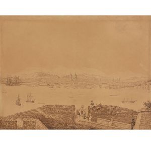 <b>KARL ROBERT EDLER VON DER PLANITZ, dito Barão de Planitz</b><br>(1804-1843)<br>Vue Générale de la Ville de Rio de Janeiro - Prise du Fort de l'Isle das Cobras<br>Sépia s/ papel colado em cartão<br>Circa 1835-184049,2 x 59,2 cm