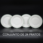 <b>Conjunto de 24 pratos</b> em porcelana francesa na cor branca com friso verde e delicado filete a ouro. No verso marca da manufatura E. BOURGEOIS - Paris e Marseille. Diâm. 23 cm