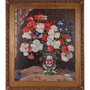 <b>JOHN MICHAUX</b><br>(1876-1956)<br>Escola Belga<br>Cravos<br>Óleo s/ tela<br>Ass. cid e verso<br>Titulado no verso<br>100 x 85 cm