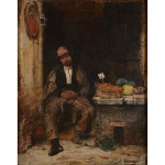<b>VERBRUGYEN</b><br>Escola Europeia<br>Homem Descansando no Banco<br>Óleo s/ madeira<br>Ass., situado e datado Roma 85, cid<br>47 x 37 cm