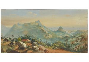 <b>HAGEDORN, FRIEDRICH</b><br>(1814-1889)<br>Panorama do Rio de Janeiro <br>Aquarela e guache s/ papel<br>Ass. cie <br>39 x 75,5 cm