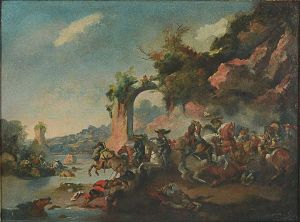 <B>NICOLAS ANTOINE TAUNAY - Atribuído</b><br>(1755-1830)<br>Escola Francesa<br>Cena de batalha<br>Óleo s/ chapa de cobre<br>31 x 43 cm