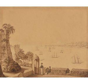 <b>KARL ROBERT EDLER VON DER PLANITZ, dito Barão de Planitz</b><br>(1804-1843)<br>Vue Générale de la Ville de Rio de Janeiro - Prise du Fort de l'Isle das Cobras <br>Sépia s/ papel colado em cartão<br>Circa 1835-1840<br>49,5 x 59,1 cm