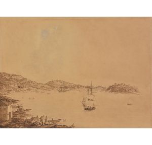 <b>KARL ROBERT EDLER VON DER PLANITZ, dito Barão de Planitz</b><br>(1804-1843)<br>Vista do Cemitério Protestante do Bairro da Gamboa<br>Sépia s/ papel colado em cartão<br>Circa 1835-1840<br>49,1 x 59,1 cm