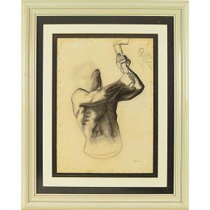 <b>PORTINARI, CÂNDIDO </b><br>(1903-1962)<br>Torso<br>Estudo para a pintura mural "Pau-Brasil"<br>Desenho a carvão s/ papel<br>Ass. estampada na metade inferior<br>Reproduzido no Catálogo "Raisonné", vol. I pág. 389 FCO 102<br>70 x 50 cm
