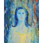 <b>MARIA HELENA CAZZANI</b><br>Retrato de Theresa<br>Óleo s/ tela<br>Ass. e datado 63, cid e verso<br>Titulado no verso<br>62 x 50 cm