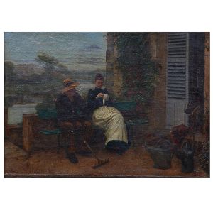 <b>CAMILLE BELLANGER</b><br>(1853-1923)<br>Escola francesa<br>Bate-Papo<br>Óleo s/ tela<br>Ass. e datado 1890, cie<br>25 x 34 cm