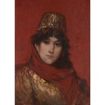 <b>FRANCISCO AURÉLIO DE FIGUEIREDO MELLO </b><br>(1856-1916)<br>Mulher com Chapéu e Lenço<br>Óleo s/ tela<br>Ass. e datado 1891, cse<br>57 x 42 cm