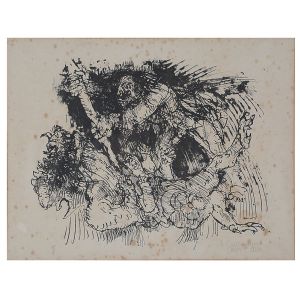 <b>MARCELO GRASSMANN</b><br>(1925-2013)<br>Guerreiro e Bicho<br>Gravura em metal<br>Ass. e datado 1954, cid<br>Numerada 8/8, cie<br>42 x 54 cm
