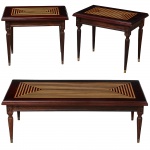 <b>Conjunto de mesa de centro e duas mesas</b> laterais brasileiras construídas em madeiras nobres. Apresentam tampos com "marqueterie" geometrizada e concêntrica. Pernas torneadas com delicado entalhe. Med. 38 x 113 x 58 cm e 52 x 63 x 43 cm