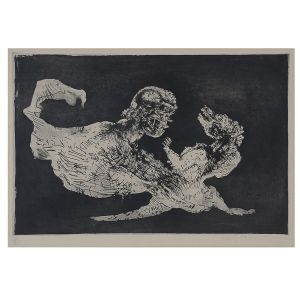 <b>MARCELO GRASSMANN</b><br>(1925-2013<br>Guerreiro e Bicho<br>Gravura em metal<br>Ass. cid<br>Numerada 20/25, cie<br>36 x 51 cm