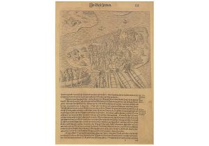 <b>THÉODOR DE BRY</b><br>(1528-1598)<br>Escola Belga<br>Região de São Vicente com a Ilha de São Vicente, Santo Amaro, o Forte de Bertioga e a Localidade de Itanhaém<br>Gravura em metal<br>30 x 22 cm