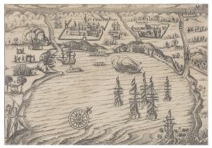 <b>JORIS VAN SPILBERGEN</b><br>(1568-1620)<br>São Vicente e seus Arredores, 1621Gravura em cobreGravura do roteiro do almirante holandês Joris van Spilberg de volta ao mundo nos anos 1614-1618.Reproduzido nos livros "Biblioteca Brasiliana" de Robert BOSCH, à pág. 87 e Borba de Moares II, à pág. 827.16,5 x 23,5 cm