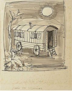 <b>IBERÊ CAMARGO</b><br>(1914-1994)<br>Carro de Cigarros<br>Técnica mista s/ papel<br>Sem assinatura<br>29 x 23 cm