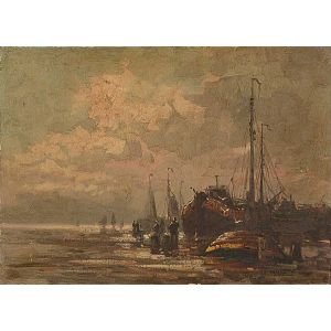 <b>Wim van Norden</b><br>(1917-2015)<br>Escola Holandesa<br>Praia com Barcos<br>Óleo s/ tela<br>Localizado Texel<br>50 x 70 cm