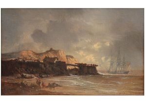 <b>DURAND-BRAGER, JEAN-BAPTISTE HENRI </b><br>(1814-1879)<br>Escola Francesa<br>Paisagem Costeira do Norte da França <br>Óleo s/ tela - reentelado<br>Assinado e datado de 1850, cid<br>32 x 51 cm<br>O artista estudou na École des Beaux Arts de Paris, sendo aluno de Eugène Isabey e de Théodore Gudin. Veio ao Brasil em 1839 como desenhista do estado maior do Príncipe de Joinville e, em 1840 acompanhou o Príncipe à ilha de Santa Helena para levar os restos mortais de Napoleon Bonaparte para Paris.