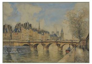 <b>FRANK-WILL </b><br>(1900-1951)<br>Escola Francesa<br>Vista do rio Sena com a Île de la Cité<br>Década de 1930<br>Aquarela sobre papel<br>Assinada e localizada Paris, cie<br>33 x 46,50 cm
