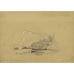 <b>EUGÈNE BOUDIN</b><br>(1824-1898)<br>Escola Francesa<br>Honfleur<br>Técnica mista s/ papel<br>Ass. cie<br>12,5 x 17,5 cm