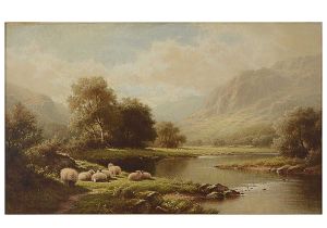 <b>WALTER J WATSON</b><br>(1879-1979)<br>Escola Inglesa<br>Ovelhas na Beira do Lago<br>Óleo s/ tela<br>Ass. e datado 1921, cie<br>41 x 66 cm