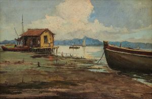 <b>SYLVIO PINTO </b><br>(1918-1997)<br>Ponta de Areia<br>Óleo s/ tela<br>Ass., situado e datado Rio 946, cid<br>40 x 60 cm