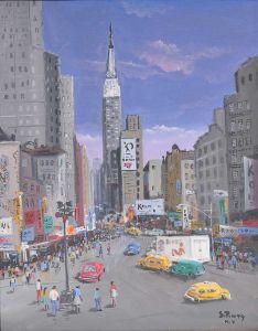 <b>SYLVIO PINTO </b><br>(1918-1997)<br>Manhattan Times Square<br>Óleo s/ tela colada em chapa industrializada<br>Ass. e situado NY, cid<br>Ass., titulado e datado 1985, no verso<br>70 x 56 cm