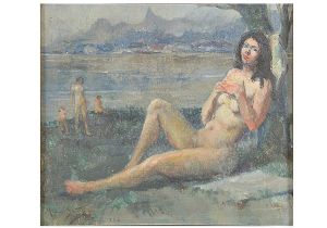 <b>MANOEL SANTIAGO</b><br>(1897-1987)<br>Nu<br>Óleo s/ tela<br>Ass., situado e datado Rio 1937, cie<br>38 x 46 cm