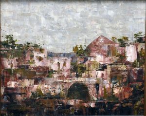 <b>JOSÉ PAULO MOREIRA DA FONSECA </b><br>(1922-2004)<br>Casario<br>Óleo s/ chapa industrializada<br>Ass. e datado 1985 no centro inferior<br>33 x 41 cm