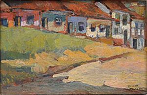 <b>DACOSTA, MILTON</b><br>(1915-1988)<br>Casario<br>Óleo s/ madeira (apresenta rachadura)<br>Ass., situado Ouro Preto e datado cid<br>13 x 20 cm