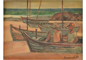 <b>FERNANDO P</b><br>(1917-2005)<br>Pescadores<br>Óleo s/ tela<br>Ass. cid e verso<br>27 x 35 cm