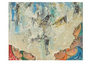 <b>SANTE SCALDAFERRI</b><br>(1928-2016)<br>Olhando o Tempo<br>Óleo s/ madeira<br>Ass. e datado 75, cid<br>Ass., titulado, situado e datado Itapuã - maio - 1975, no verso<br>30 x 35 cm