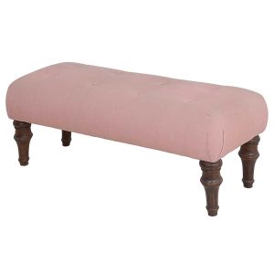 Antiga <b>banqueta</b> brasileira retangular com pés em madeira torneada e assento estofado em tecido rosa pálido. Tecido com algumas manchas. Med. 35 x 95 x 40 cm