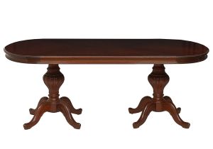 Antiga <b>mesa de jantar </b>em madeira nobre. Tampo retangular de cantos arredondados apoiado em duas colunas em forma de balaústre com gomos e pernas arqueadas. Acompanham 10 cadeiras inglesas com encosto movimentado e vazado. Pernas retas unidas por traves inferiores. Assento em tecido. Med. 76 x 203 x 106 cm