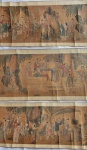 CHINA - Raríssimo e delicado pergaminho chinês, possivelmente sec. XVII, com rica pintura de época. Com ideogramas. Medidas; comprimento total: 394 cm, pintura: 240 cm e altura 32 cm. Lote vendido no estado.