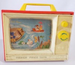 Caixa de música vintage Fisher Price com tela gigante de dois tons TV 1966.