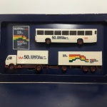 HERPA, caixa contendo ônibus e caminhão com trailer, escala HO 1/87, da Feira Internacional de Automóveis de 1983, Frankfurt