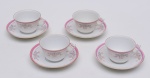Quatro xícaras de chá em porcelana francesa, provavelmente século XIX, borda na cor rosa.
