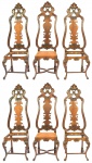 Raro conjunto de 6 cadeiras em madeiras nobres. Sendo 4 de época (século XVIII) e 2 feitas posteriormente (meados do século XX). Assentos possuem a estrutura de madeira porém necessitam estofar. Retirada na Barra da Tijuca.