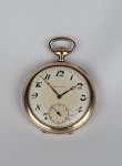 Relógio de bolso MOVADO, mecânico, em plaque de ouro com 2 tampas e mostrador esmaltado. Funcionando, porém sem garantia futura. Tamanho: 50 mm