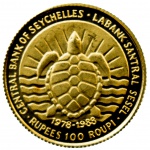 Moeda de Seychelles - 100 Rupees - 1988 - 10º Aniversário do Banco Nacional - Ouro(.917)  1.73 gr -
