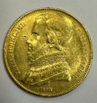 Moeda Brasil império de ouro - D. Pedro II,1850, valor 20.000 réis. Peso: 17,7g.